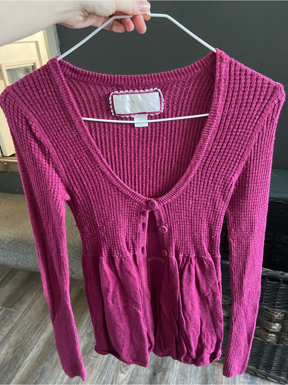 American Eagle Outfitters Fitted Deep Pink Ribbed Button Cardigan